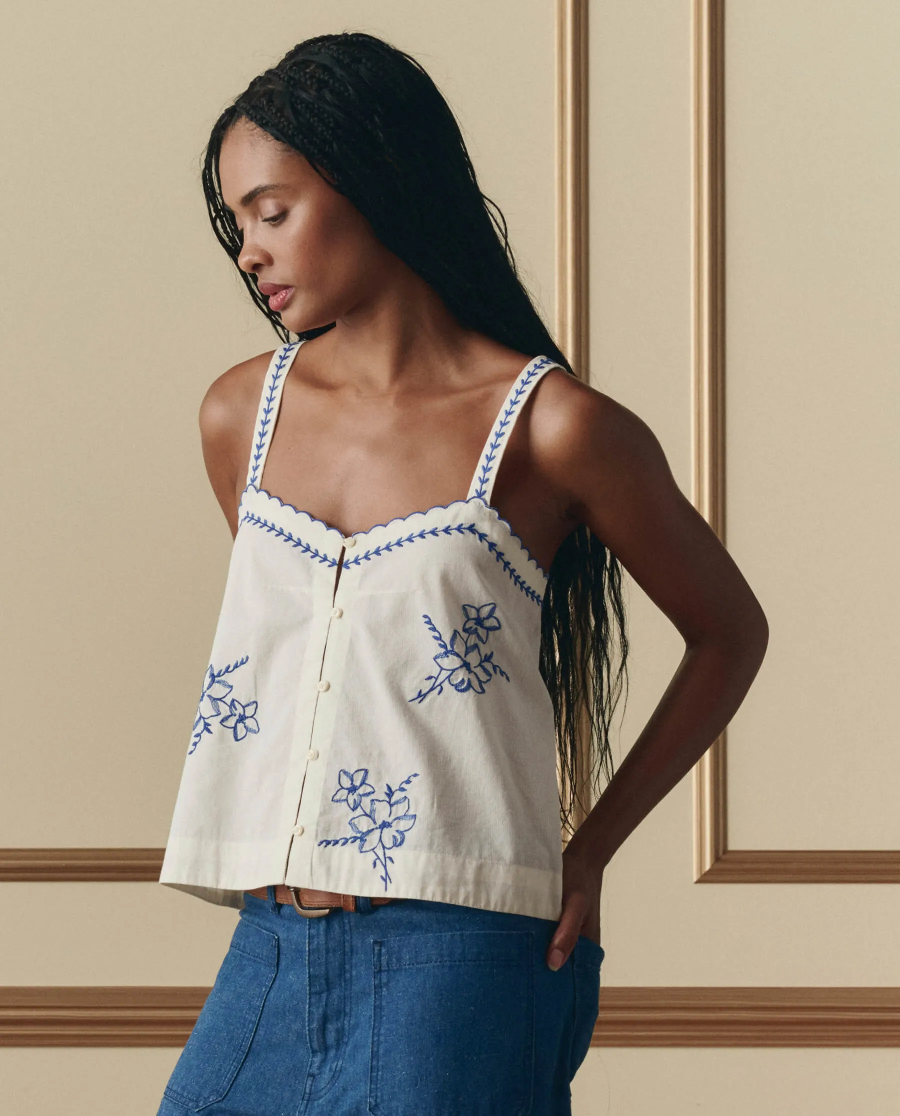 The Weekend Tank W/ Hanky Embroidery. -- Cream sold by THE GREAT.