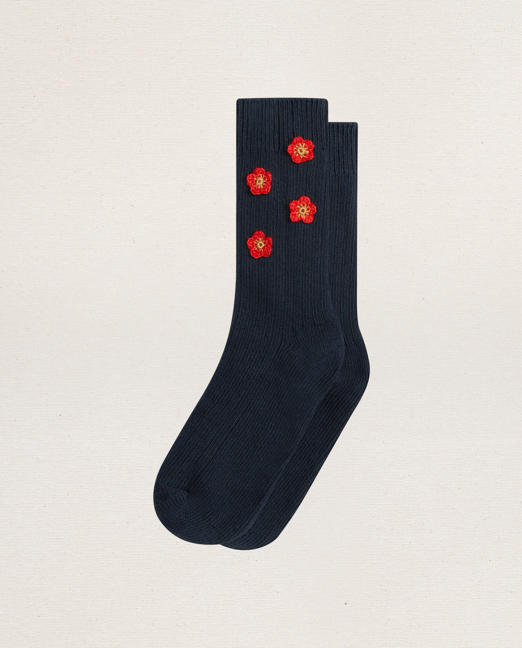 The Crochet Flower Sock (4 Flowers). -- Navy sold by THE GREAT.