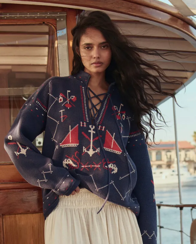 The Fisherman Laceup Pullover. -- Navy made by THE GREAT.