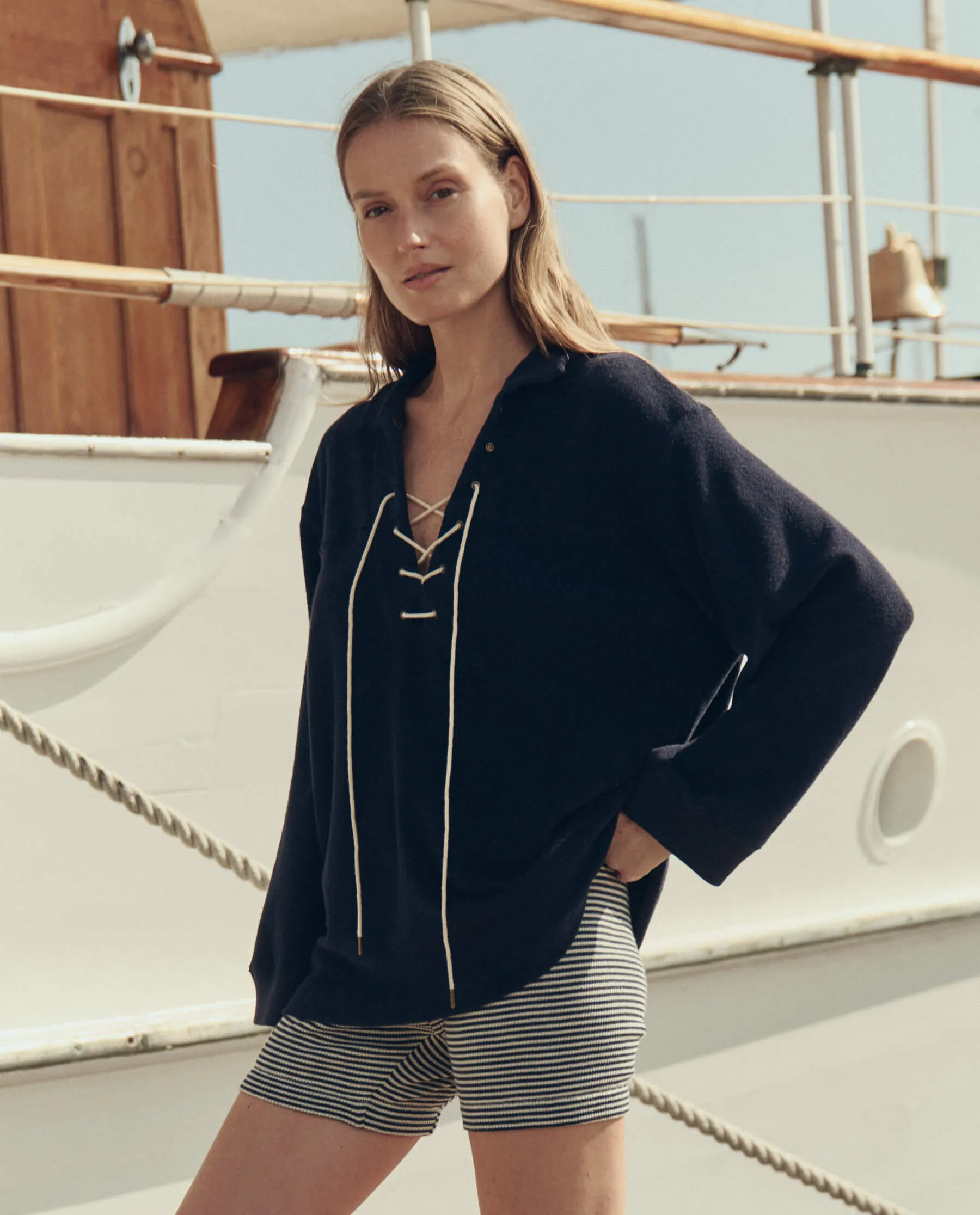 The Micro Terry Lace Up Tunic. -- Navy sold by THE GREAT. product image thumbnail 3