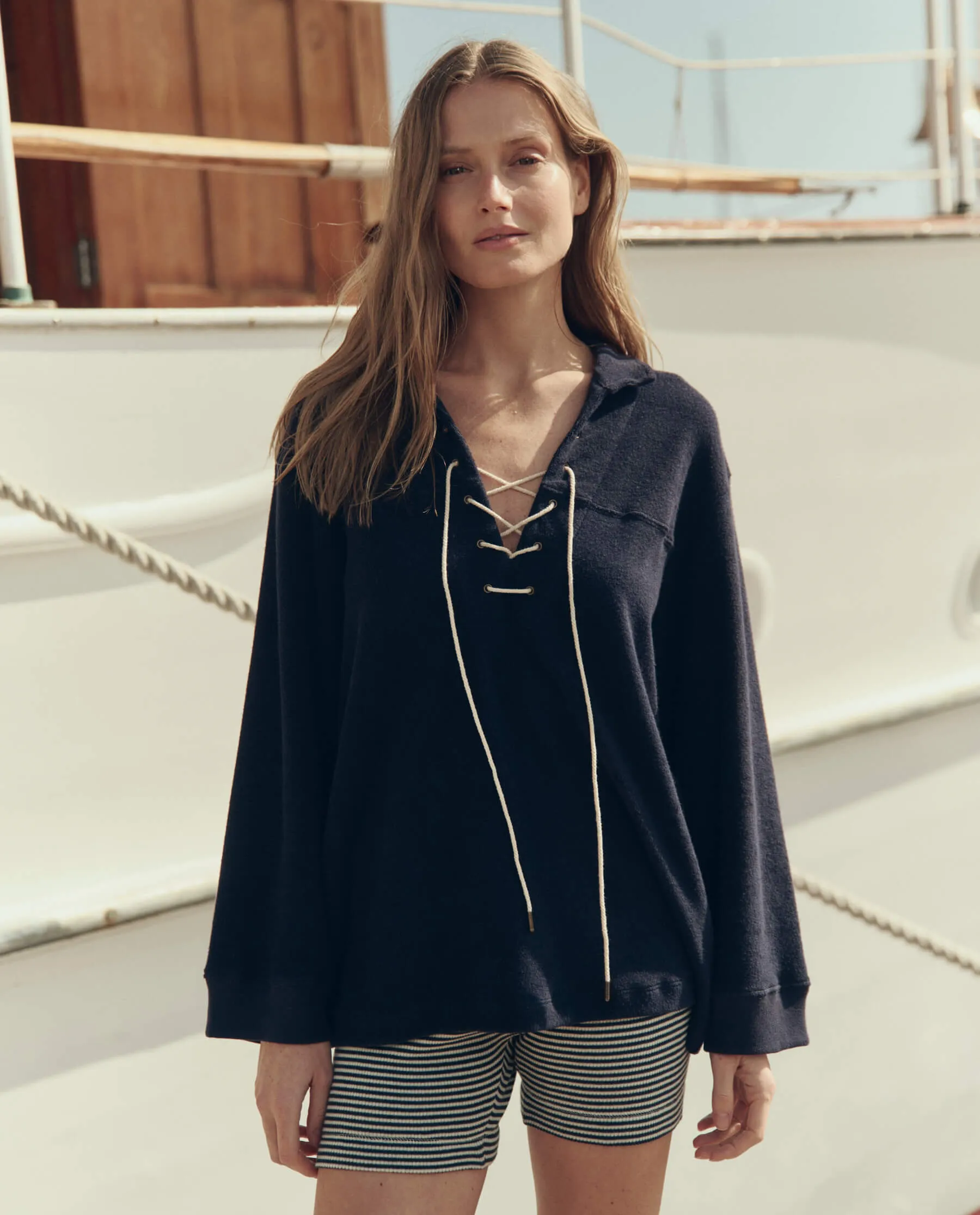 The Micro Terry Lace Up Tunic. -- Navy sold by THE GREAT. product image thumbnail 2