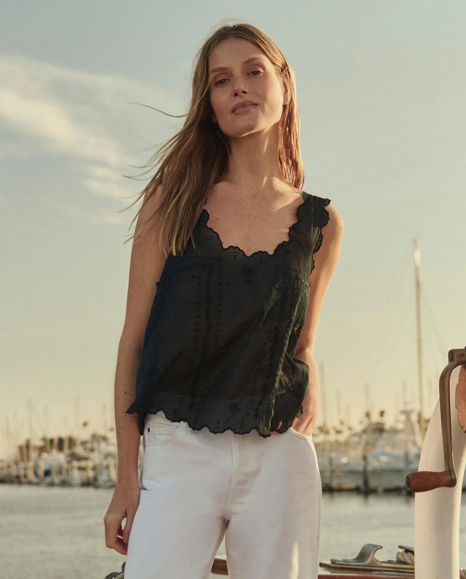 The Scalloped Eyelet Tank. -- Black sold by THE GREAT. product image thumbnail 3