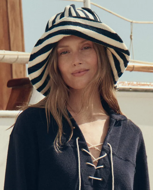 The Bucket Hat. -- Navy Shoreside Stripe made by THE GREAT.