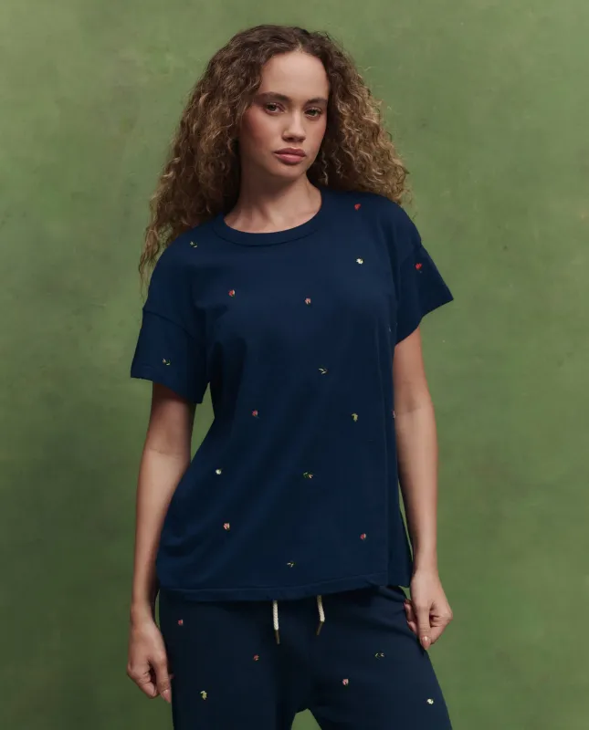 The Boxy Crew w/ Tossed Floral Embroidery. -- Navy made by THE GREAT.