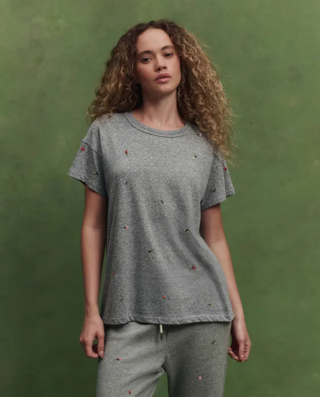 The Boxy Crew w/ Tossed Floral Embroidery. -- Heather Grey made by THE GREAT.
