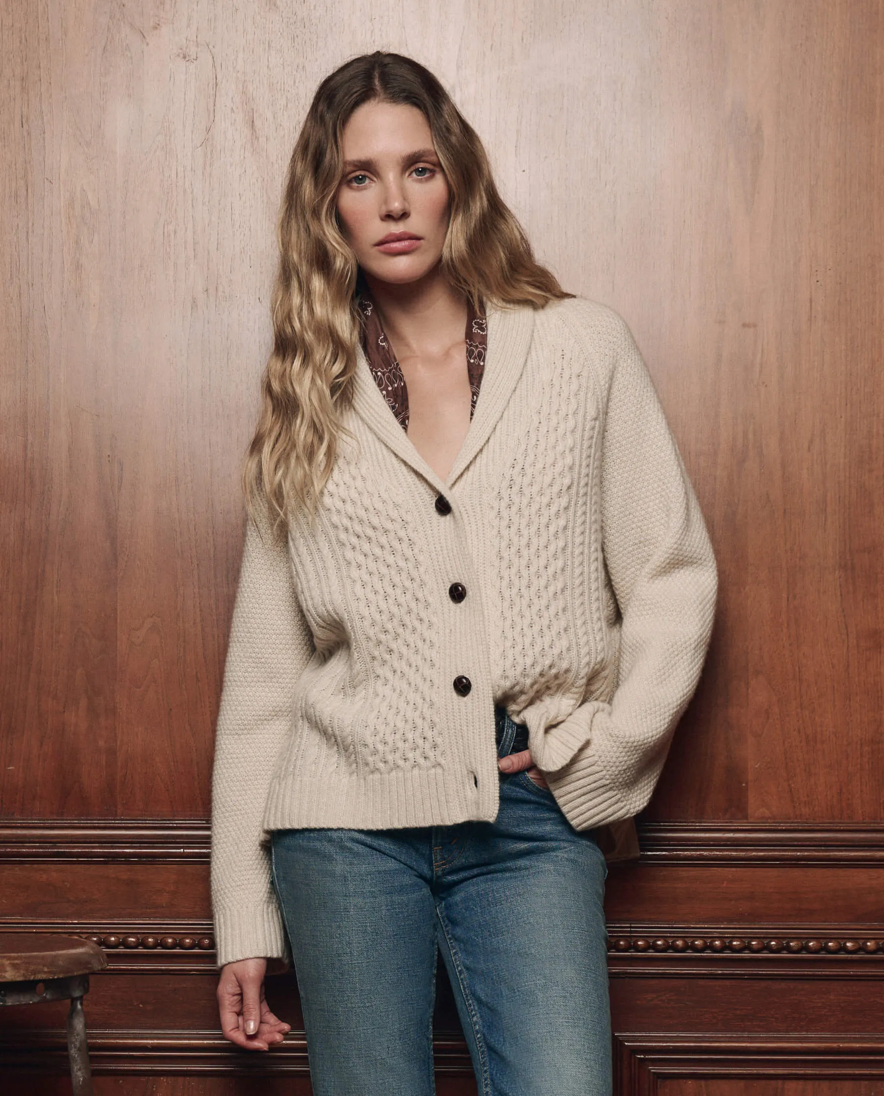 The Cashmere Cable Lodge Cardigan. -- Cream sold by THE GREAT. product image thumbnail 3
