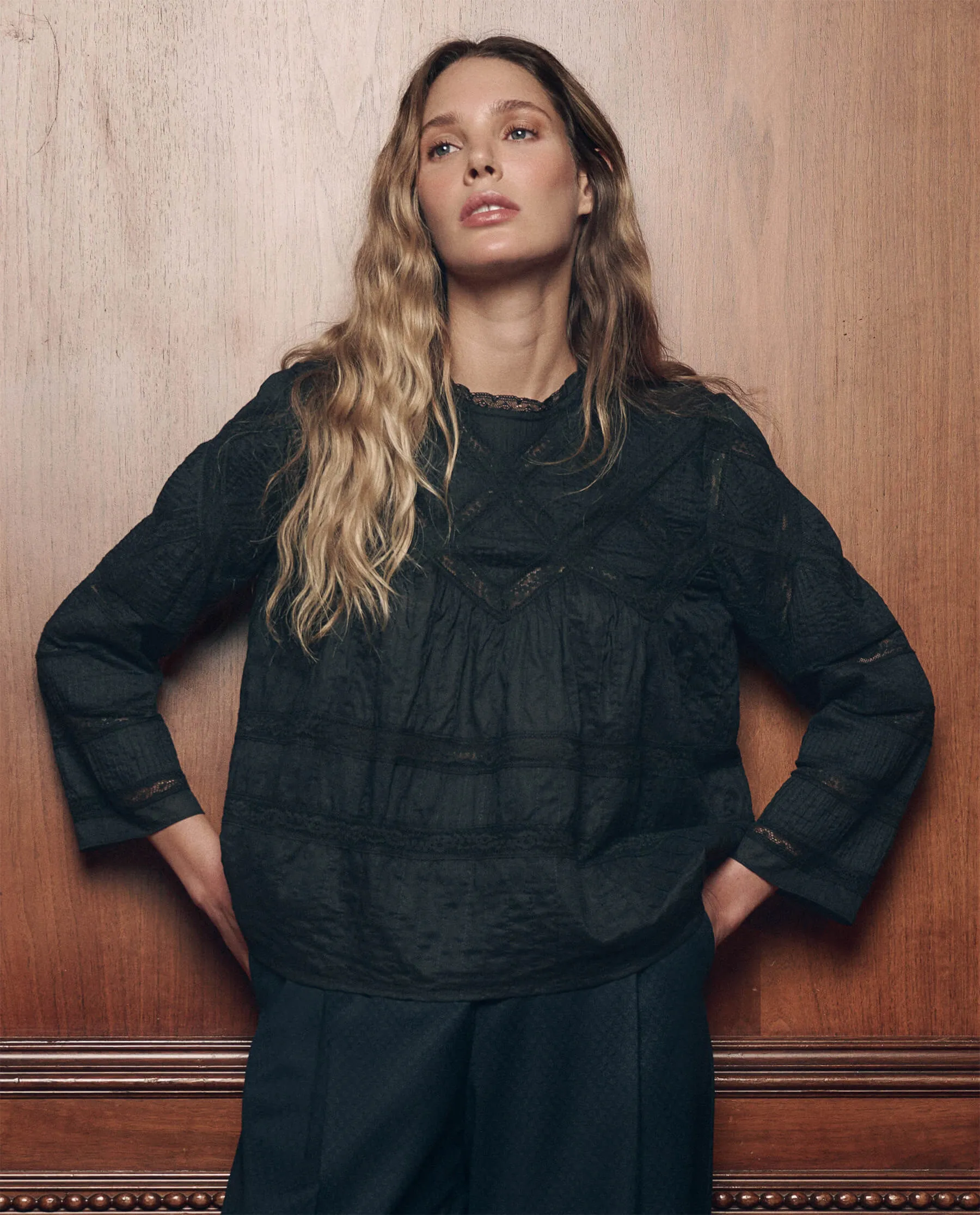 The Lattice Lace Victorian Top. -- Black sold by THE GREAT.