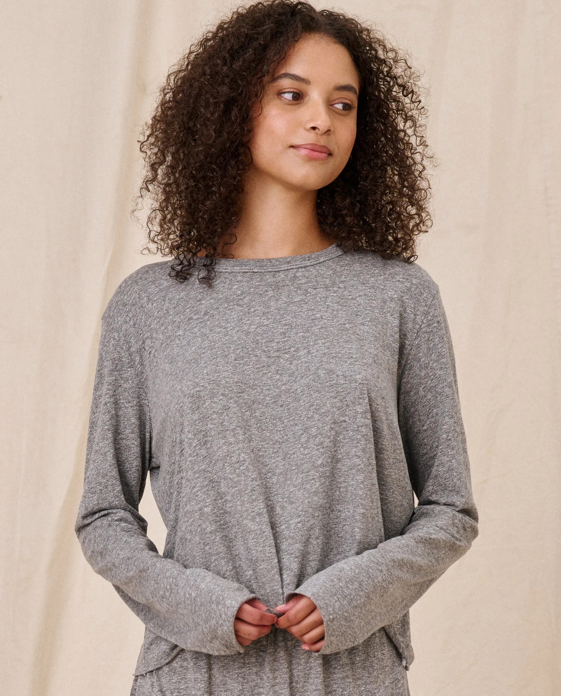 The Long Sleeve Crop Tee. -- Heather Grey sold by THE GREAT.