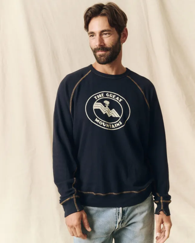 The Men's College Sweatshirt. Graphic -- Stargazer Blue with Mountain Resort Graphic sold by THE GREAT.