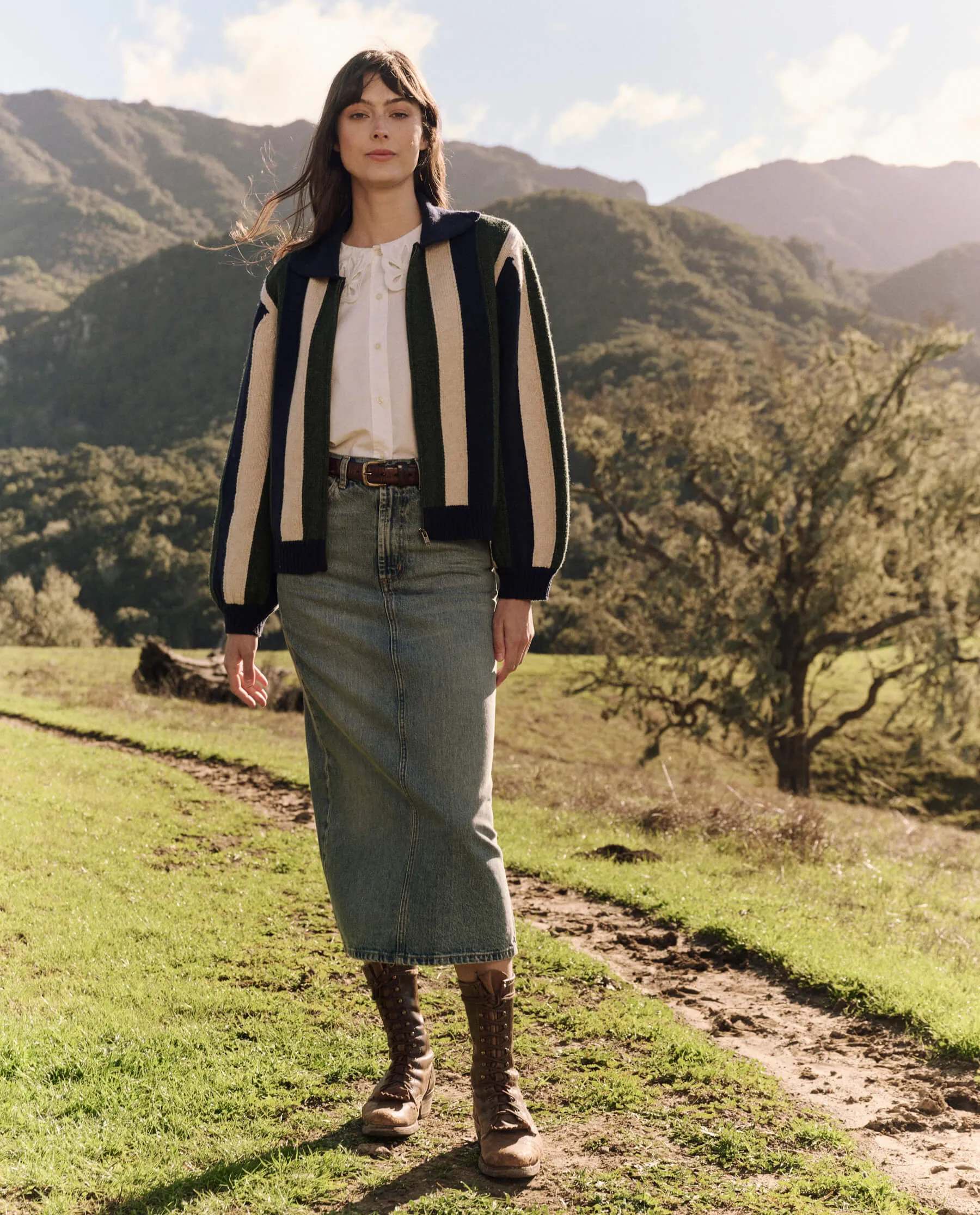 The Zip Front Cardigan. -- Olive Vine Stripe sold by THE GREAT. product image thumbnail 4