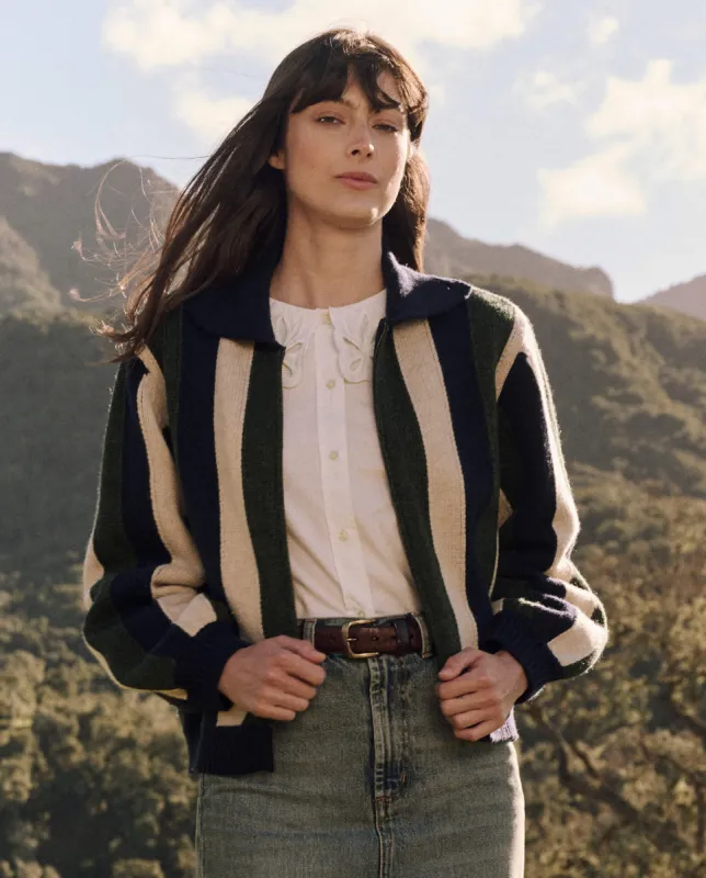 The Zip Front Cardigan. -- Olive Vine Stripe sold by THE GREAT.