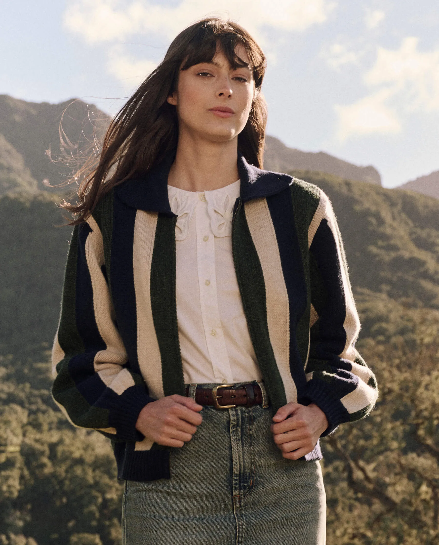 The Zip Front Cardigan. -- Olive Vine Stripe sold by THE GREAT.