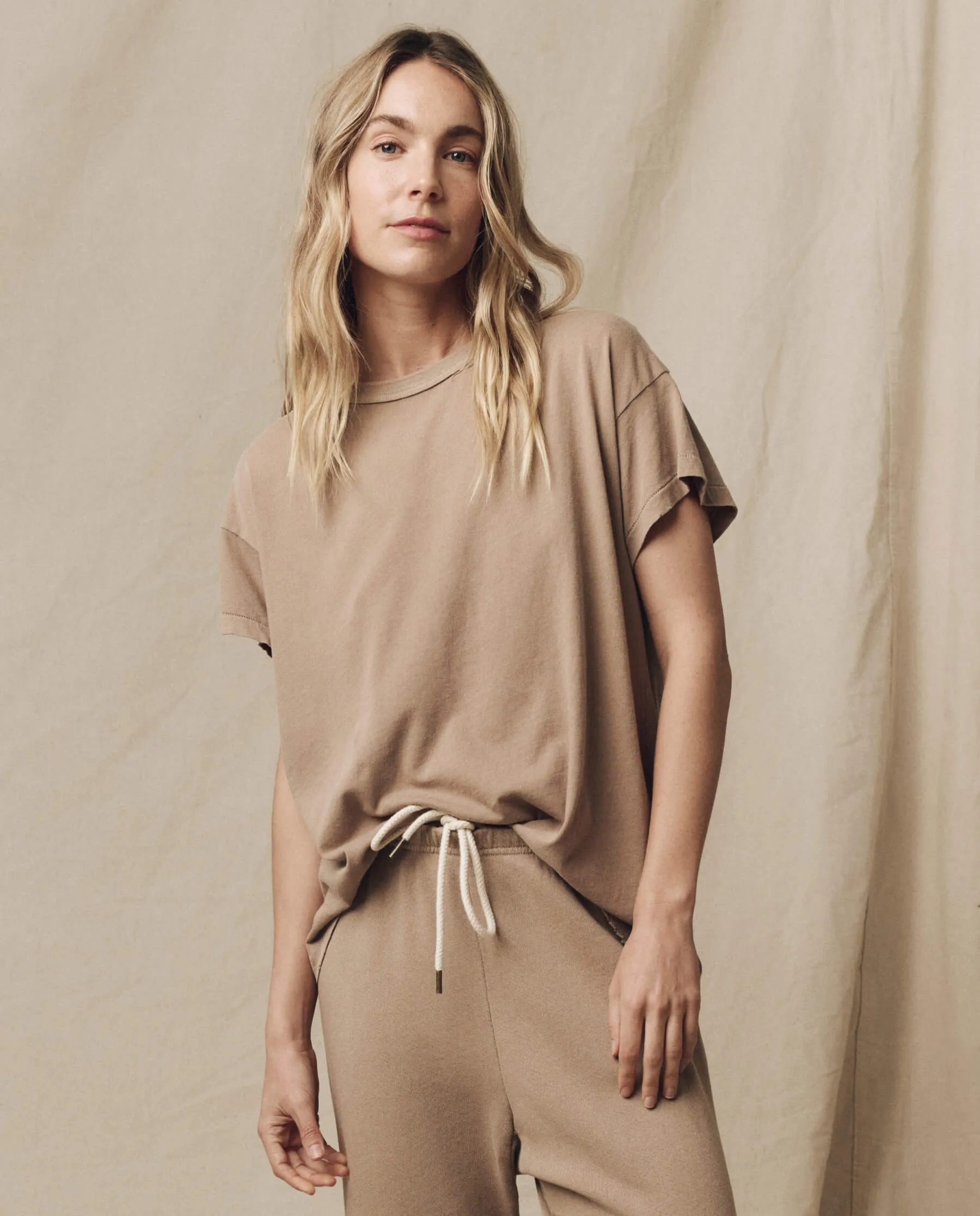 The Boxy Crew. Solid -- Khaki sold by THE GREAT.