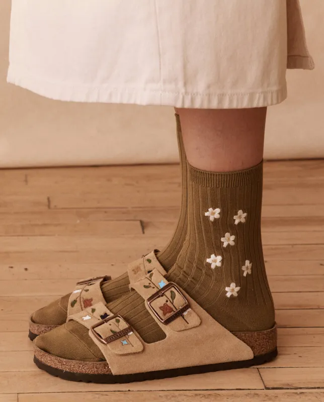 The Ribbed Sock with Daisy Embroidery. -- Citron with Cream Daisies sold by THE GREAT.