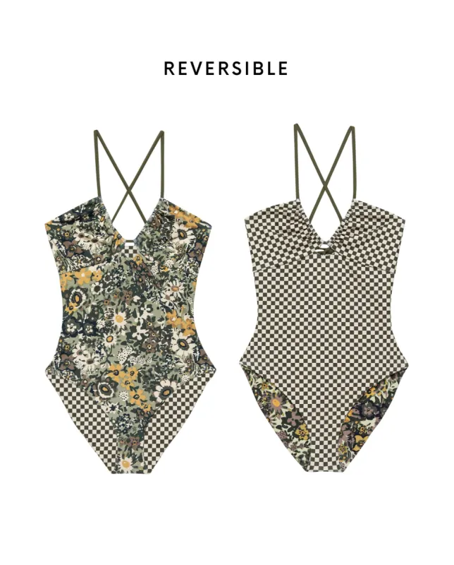 The Reversible Keyhole One Piece. -- Seaglass Heirloom Floral and Light Army Check sold by THE GREAT.