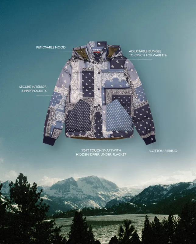 The Down Polar Puffer. -- Patchwork Bandana and Evergreen sold by THE GREAT.