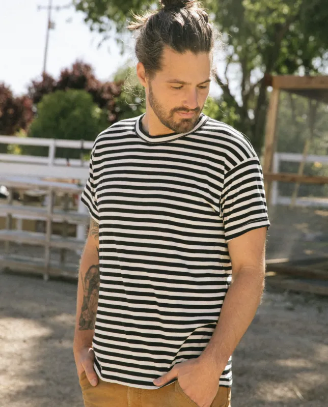 The Men's Boxy Crew. -- Black and Cream Stripe sold by THE GREAT.
