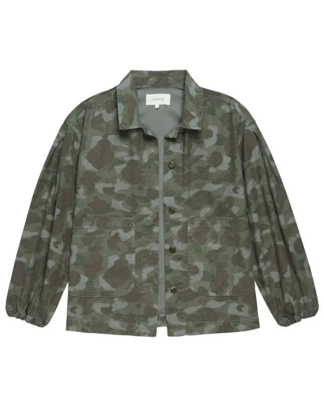 The Blouson Sleeve Chore Jacket. -- Desert Camo sold by THE GREAT.