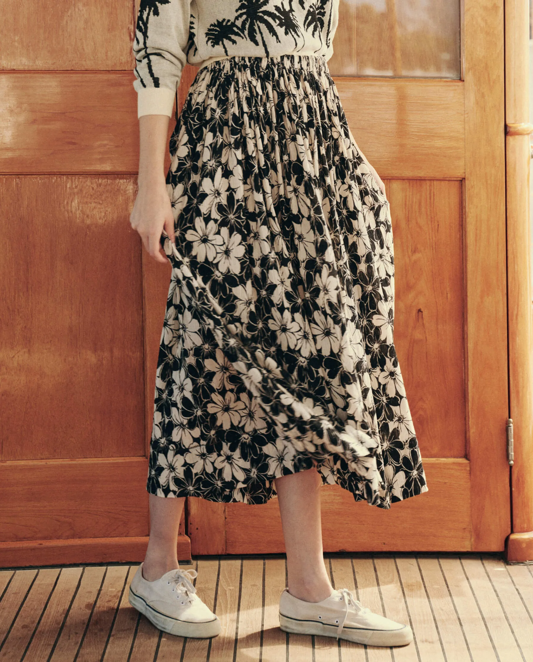 The Sway Skirt. -- Black and Cream Hibiscus Floral sold by THE GREAT. product image thumbnail 3
