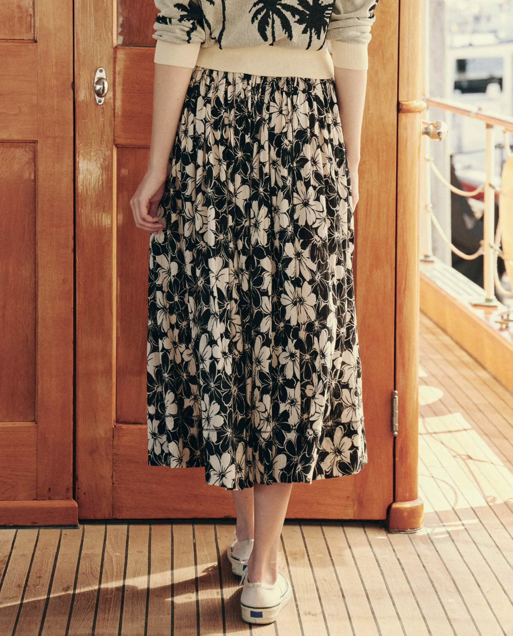 The Sway Skirt. -- Black and Cream Hibiscus Floral sold by THE GREAT. product image thumbnail 2