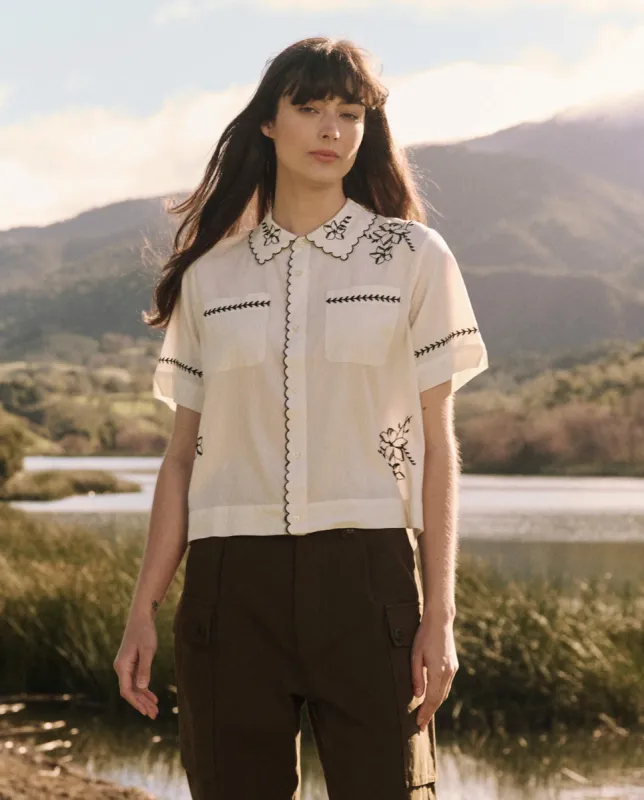 The Bowling Shirt with Hanky Embroidered. -- Cream sold by THE GREAT.