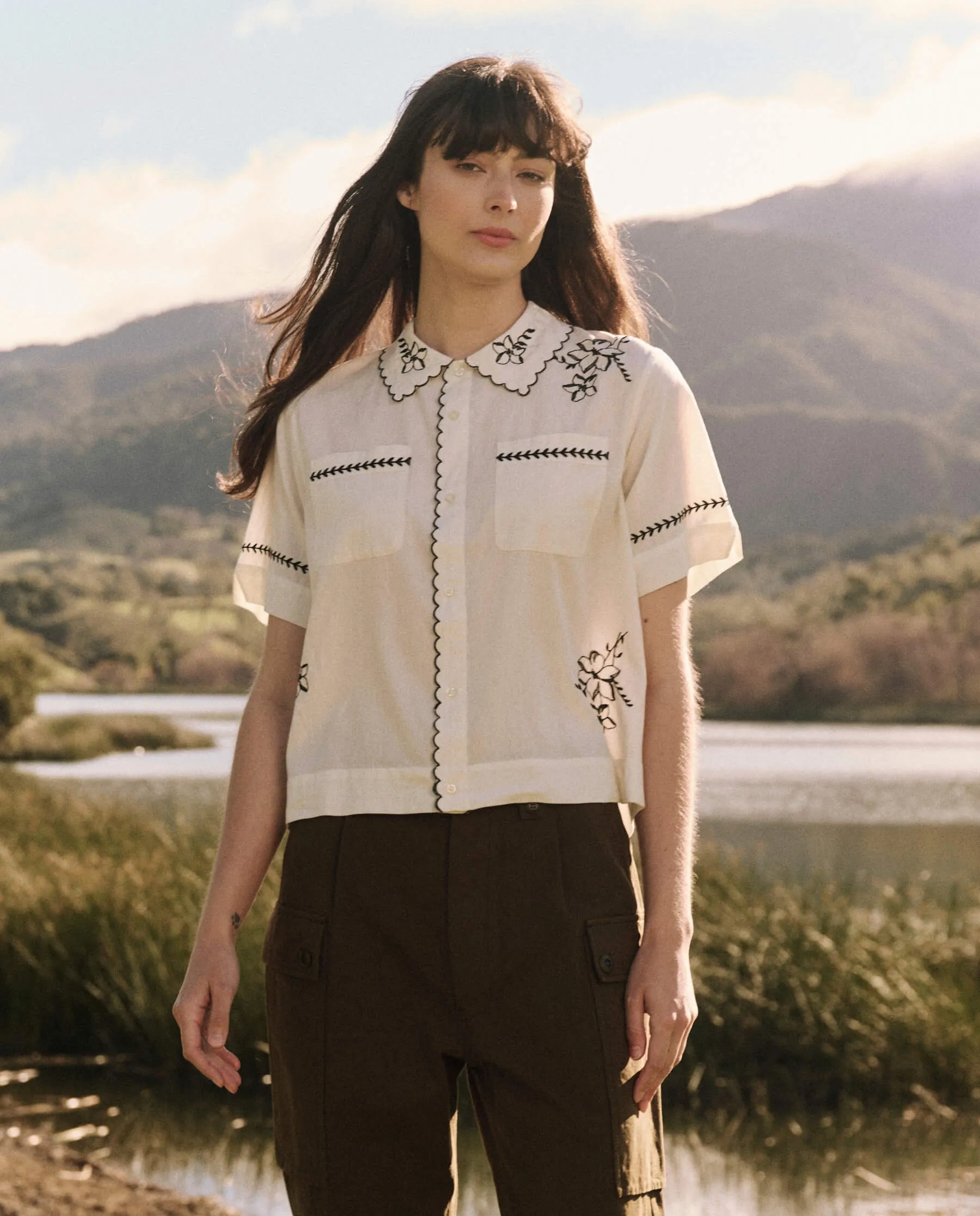 The Bowling Shirt with Hanky Embroidered. -- Cream sold by THE GREAT.