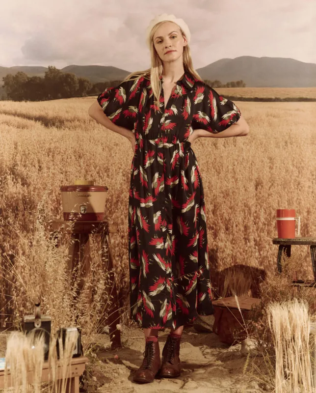 The Raven Dress. -- Navy Birds Of Paradise Print sold by THE GREAT.