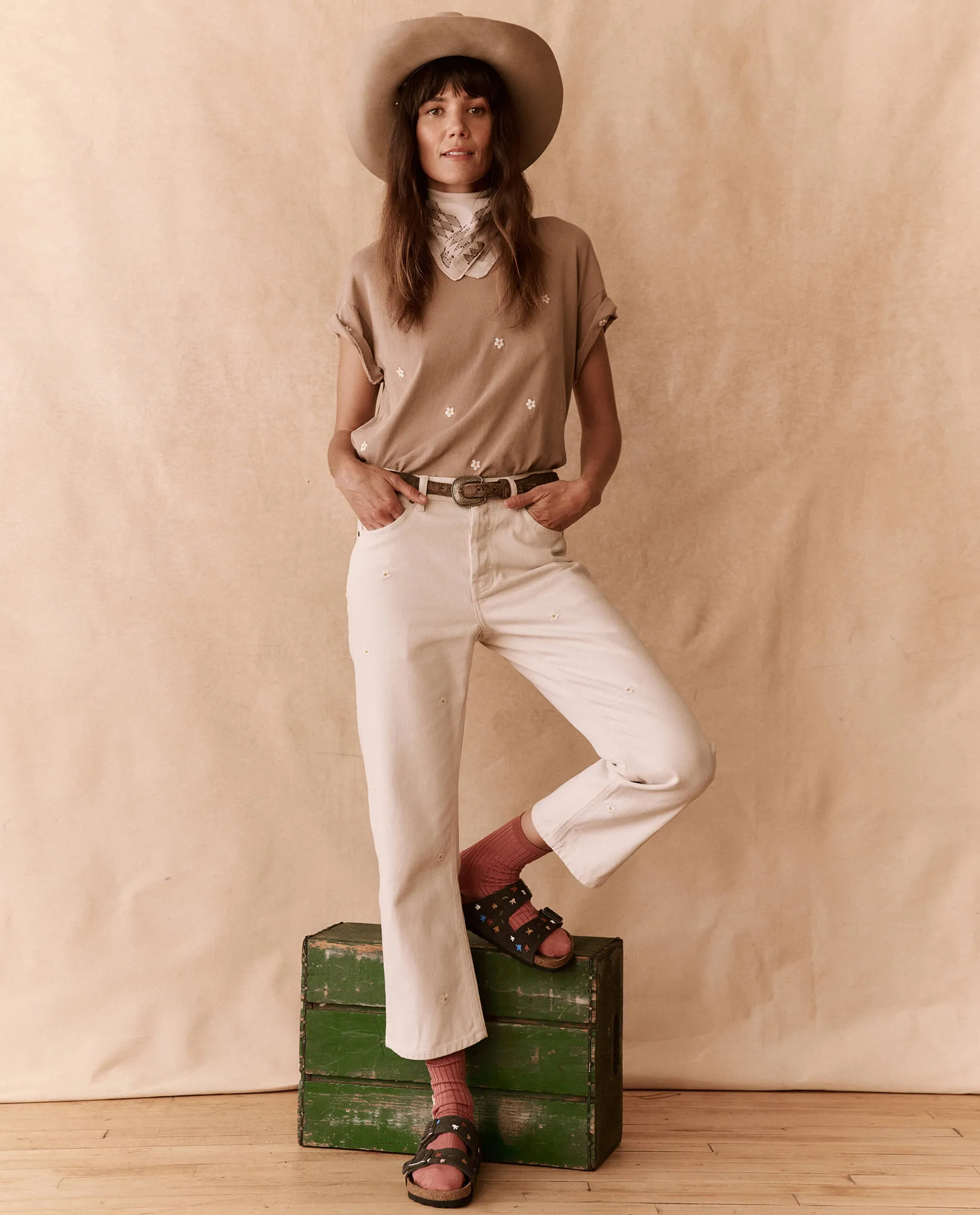 The Boxy Crew. Embroidered -- Khaki with Embroidered Daisies sold by THE GREAT. product image thumbnail 4