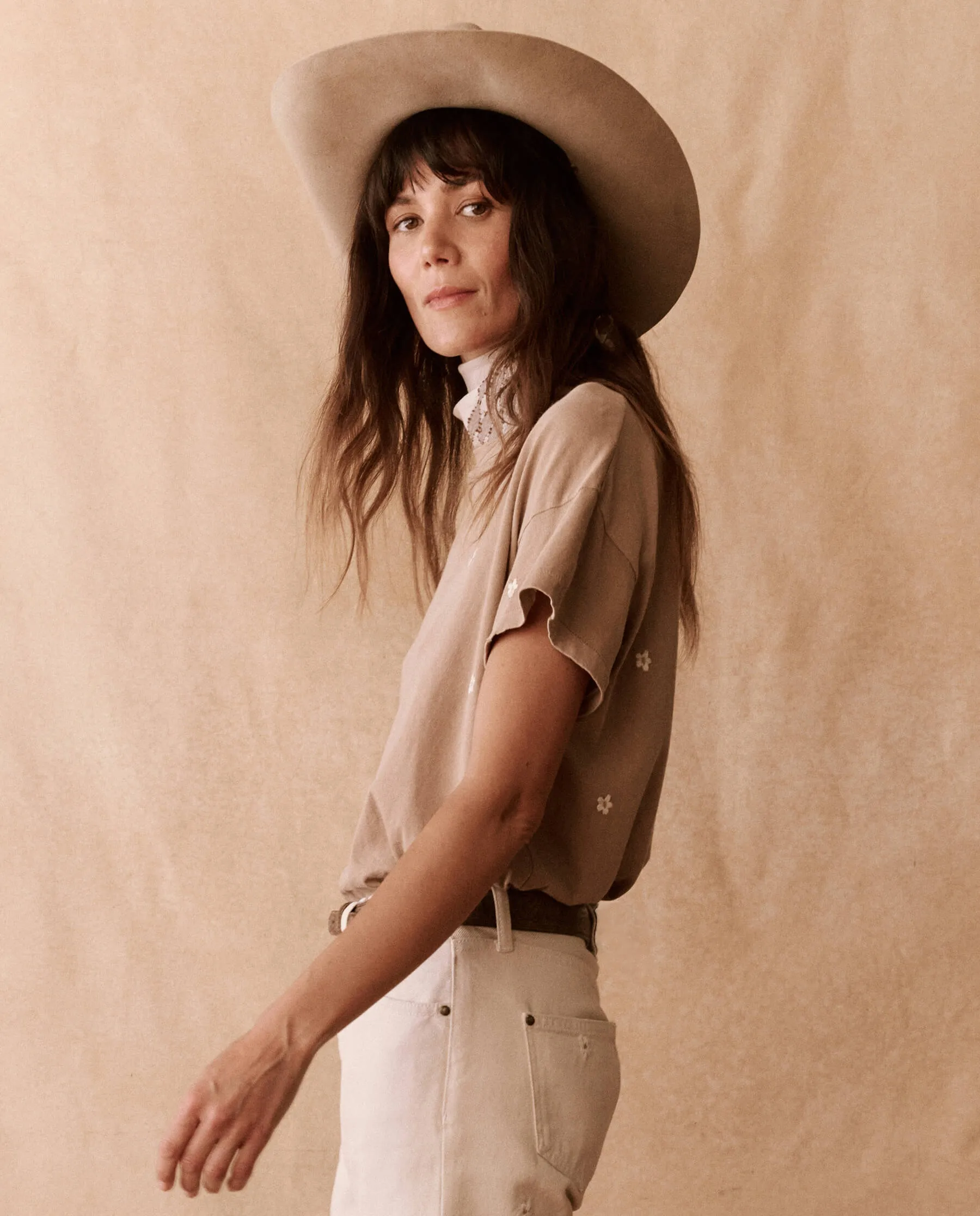 The Boxy Crew. Embroidered -- Khaki with Embroidered Daisies sold by THE GREAT. product image thumbnail 3