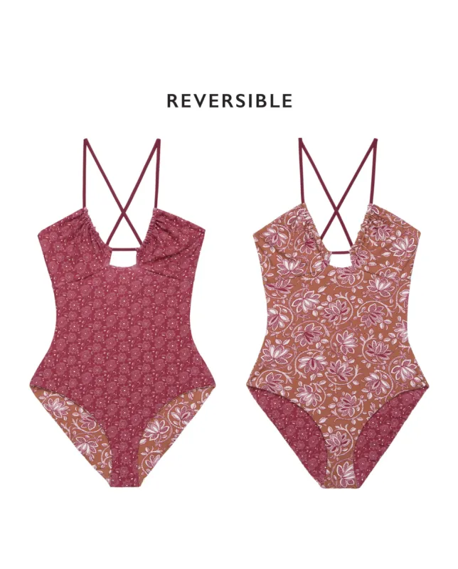 The Reversible Keyhole One Piece. -- Ruby Bandana Daisy and Golden Sand Oasis sold by THE GREAT.