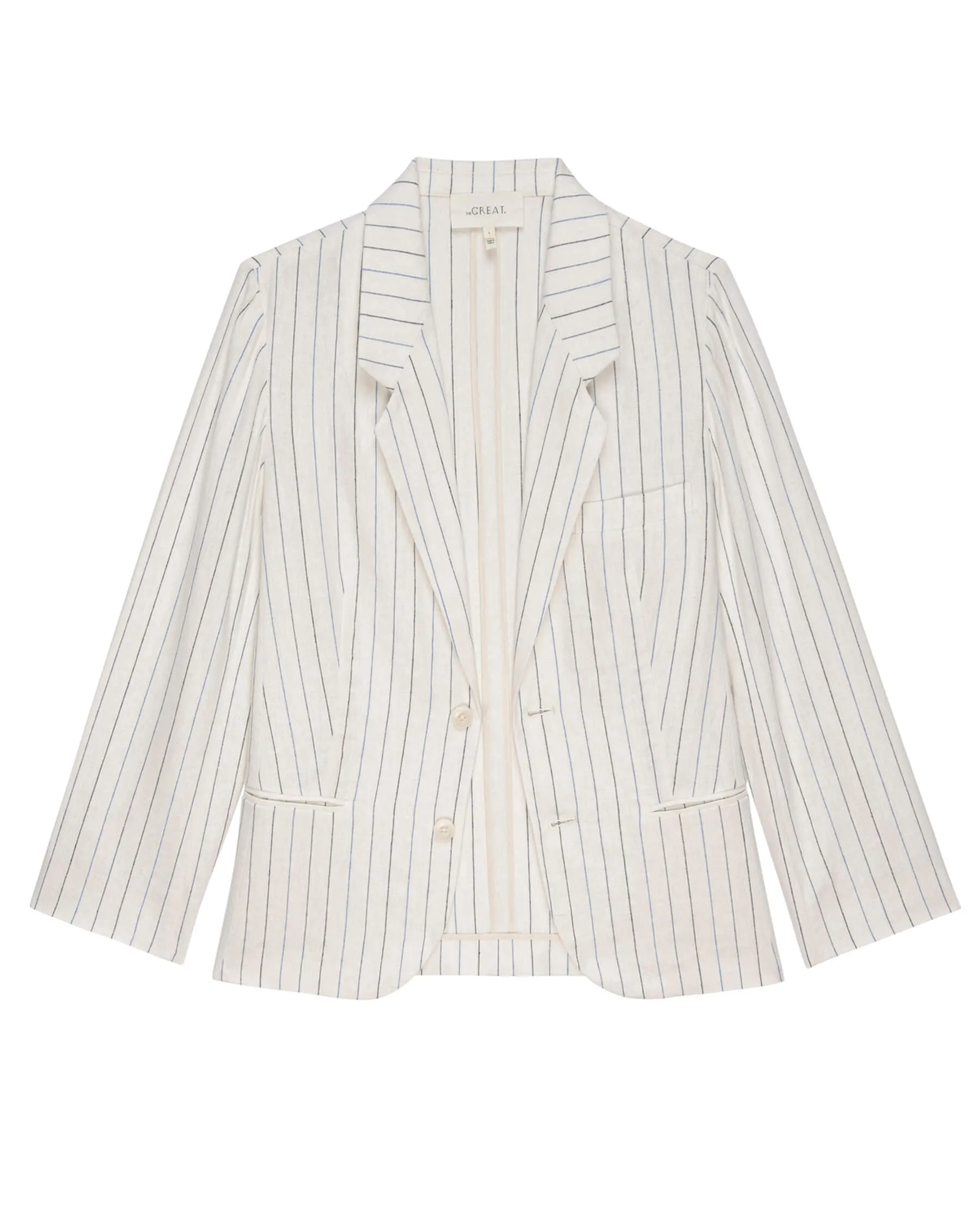 The Relaxed Blazer. -- Cream Pinstripe sold by THE GREAT.