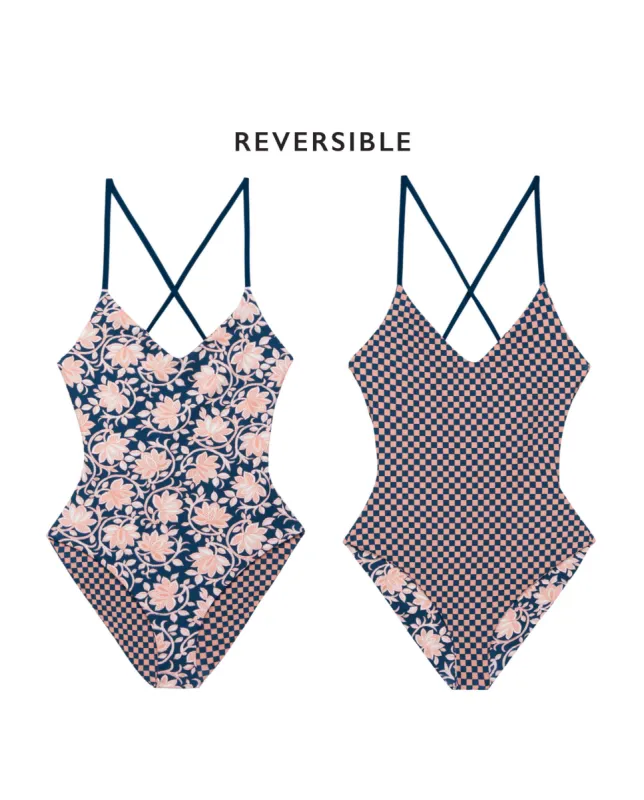 The Reversible Lace Up One Piece. -- Bay Oasis Floral and Bay Check sold by THE GREAT.
