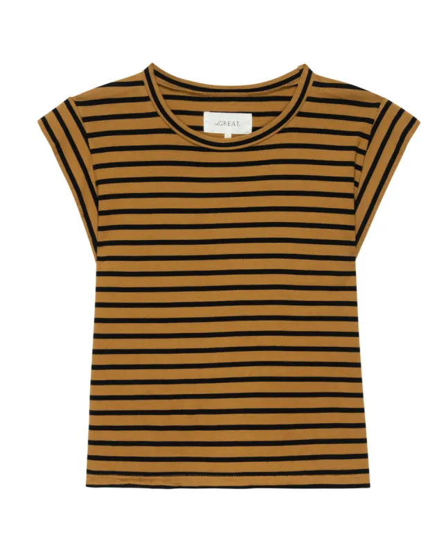 The Peak Shoulder Tee. -- Over Dyed Suntan Gondola Stripe sold by THE GREAT.