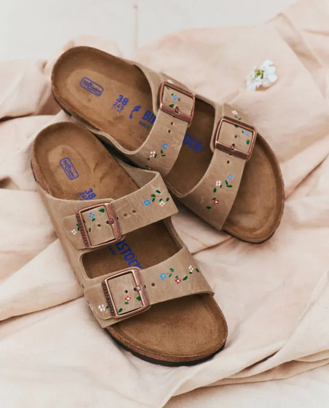 BIRKENSTOCK Arizona with Hand Painted Tooled Vine. -- Tobacco Oiled Leather with Multi sold by THE GREAT.