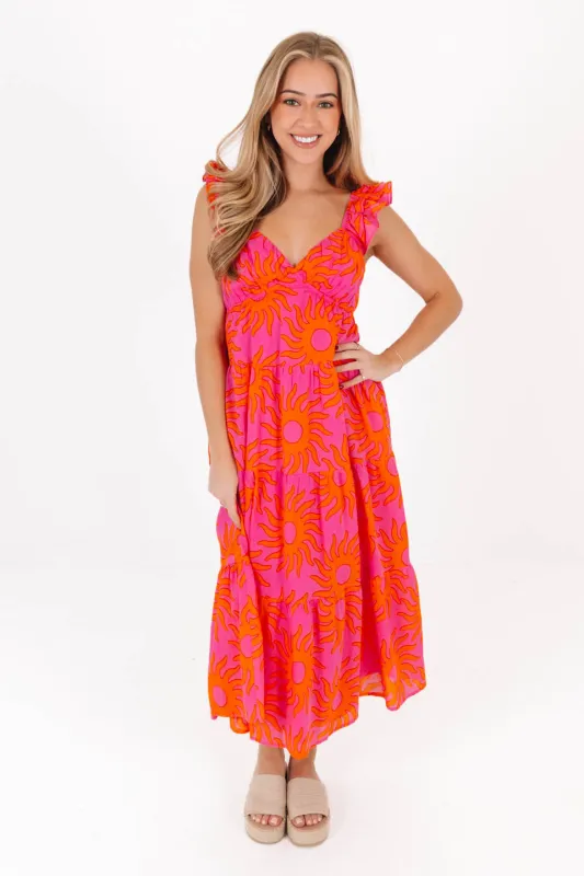 The Mara Ruffle Tie Strap Midi Dress - Hot Pink made by The Impeccable Pig