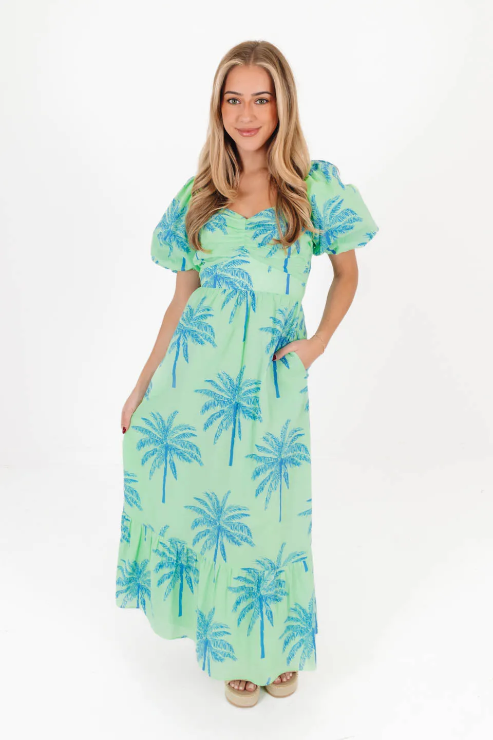The Isla Puff Sleeve Tie Midi Dress - Green sold by The Impeccable Pig