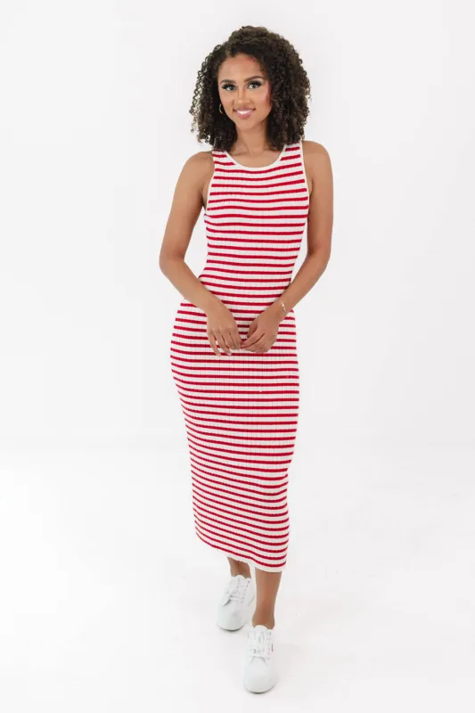 Stripes And Smiles Midi Dress - Red made by Le Lis