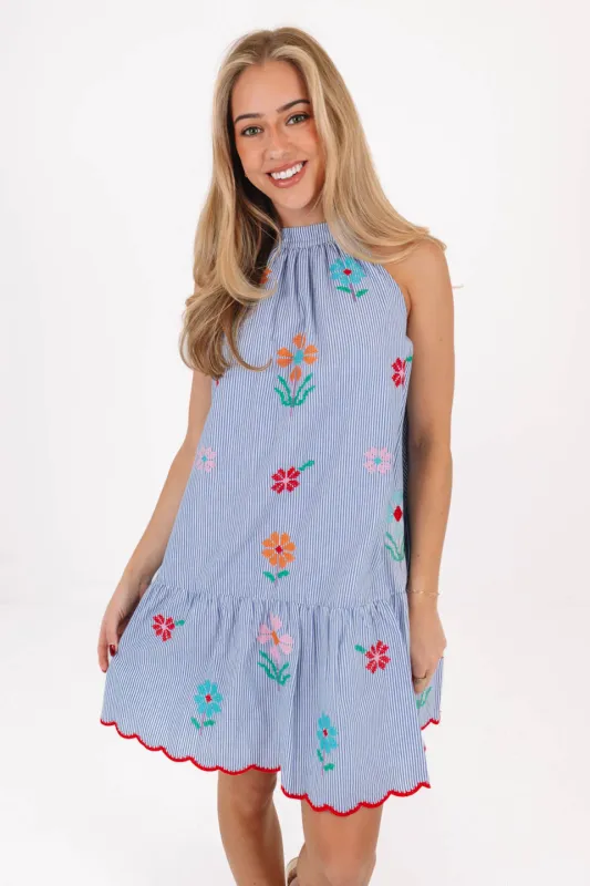 The Carson High Neck Dress - Blue Stripe made by The Impeccable Pig