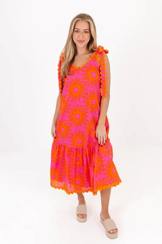 The Mara Ric Rac Tie Strap Midi Dress - Hot Pink made by The Impeccable Pig