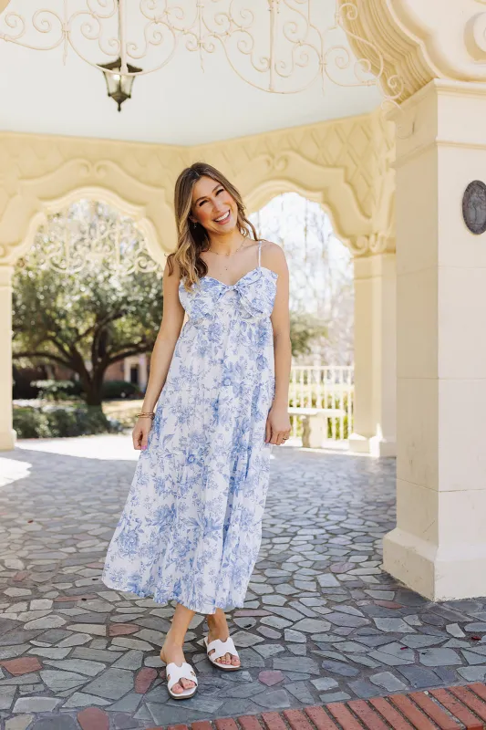 The Chloe Bow Midi Dress - White/Blue made by The Impeccable Pig