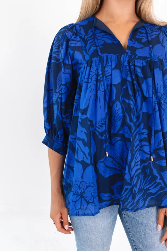The Stevie Puff Sleeve Tunic - Navy/Blue sold by The Impeccable Pig