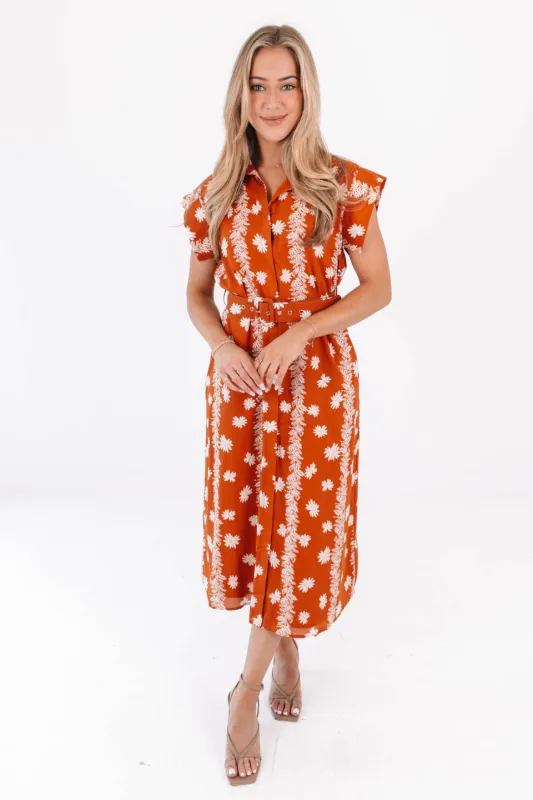 The Aubrey Belted Button Up Midi Dress - Burnt Orange sold by The Impeccable Pig
