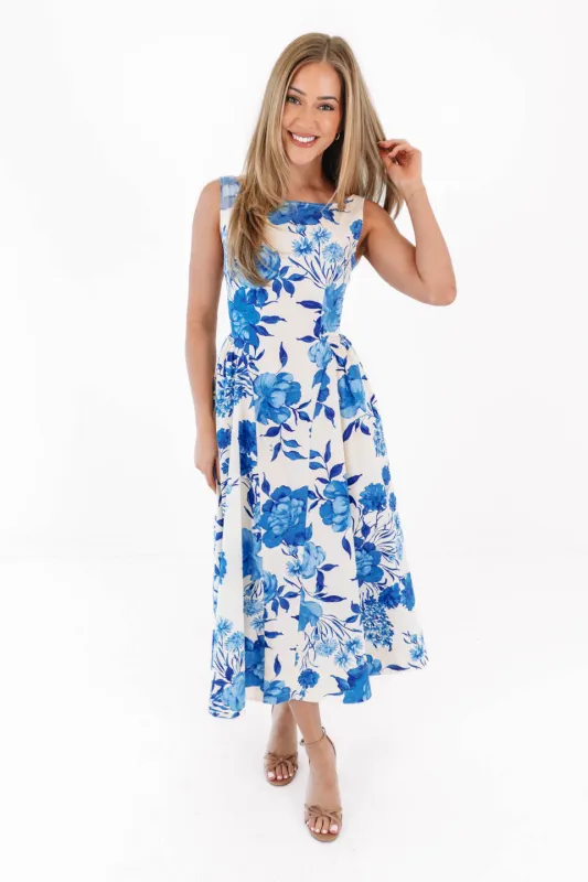 Chasing The Blues Midi Dress - Cream/Blue sold by The Impeccable Pig
