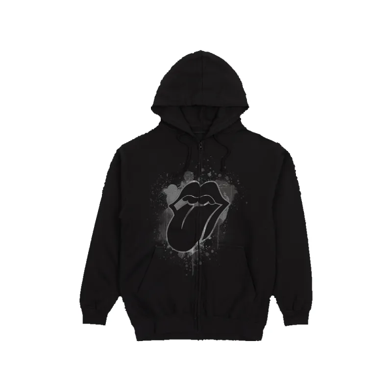 Paint It Black Reflective Tonal Splatter Tongue Print Zip Hoodie sold by the Rolling Stones