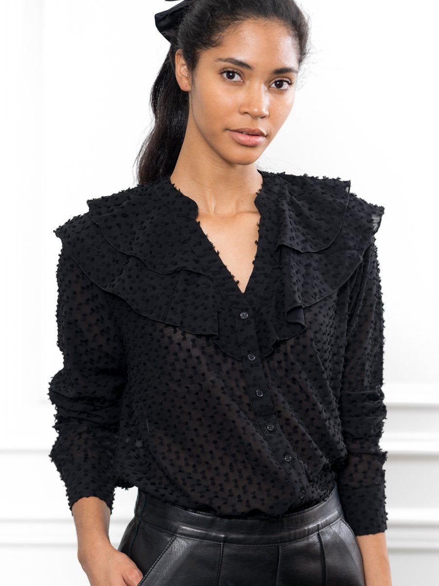 The Ruffled Shirt in Black Swiss Dot sold by The Shirt by Rochelle Behrens