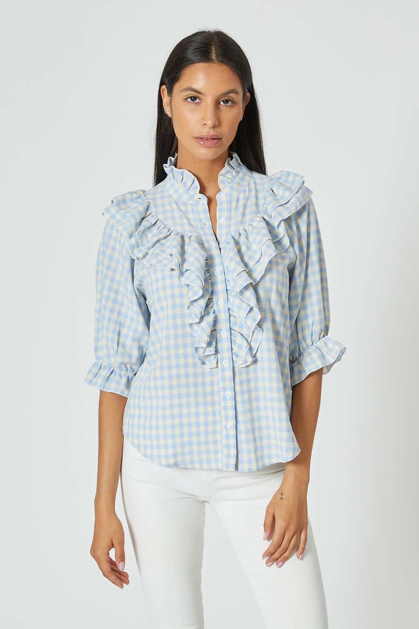 The Jill Ruffle Shirt sold by The Shirt by Rochelle Behrens
