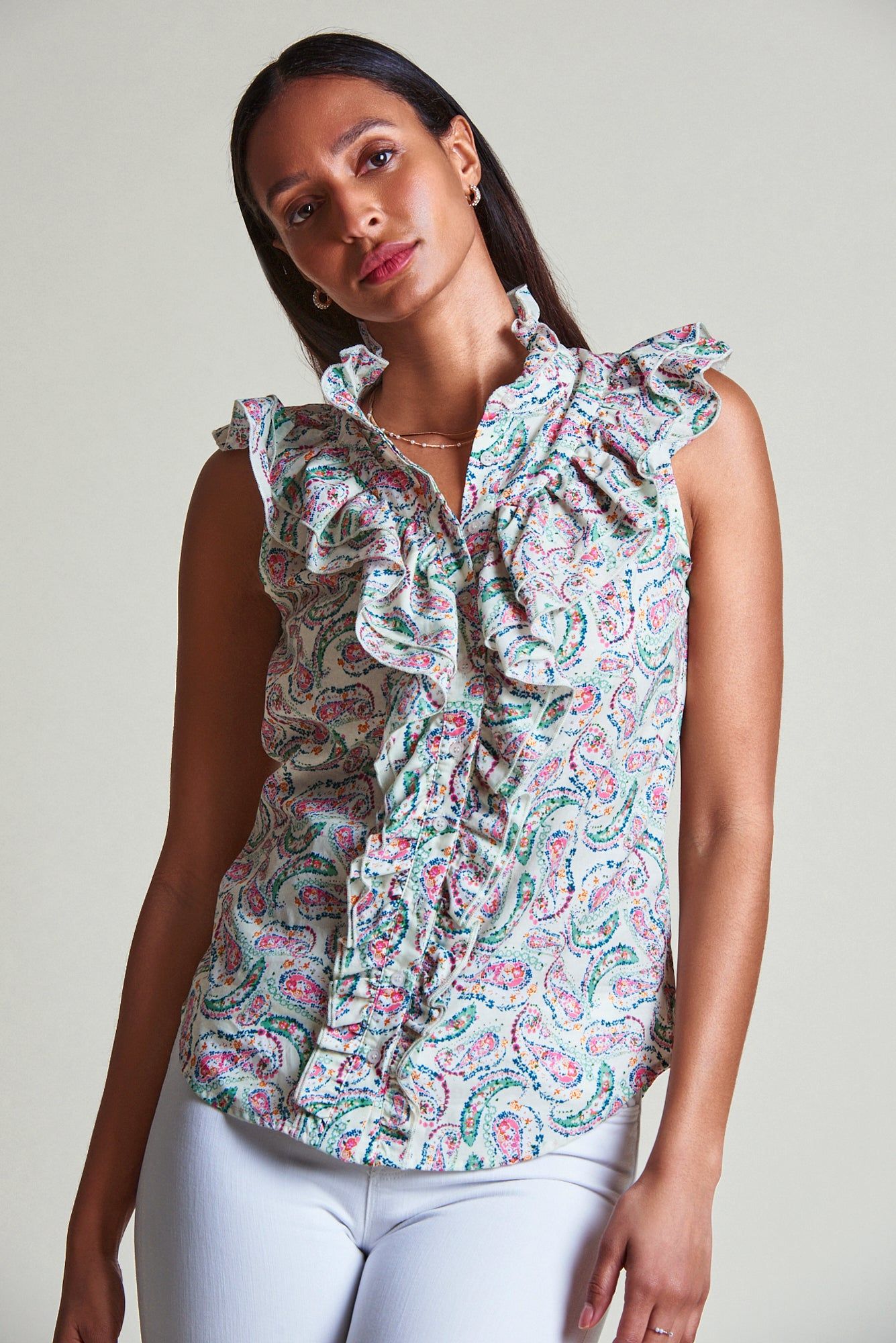 The Sleeveless Jill Ruffle Shirt sold by The Shirt by Rochelle Behrens product image thumbnail 2
