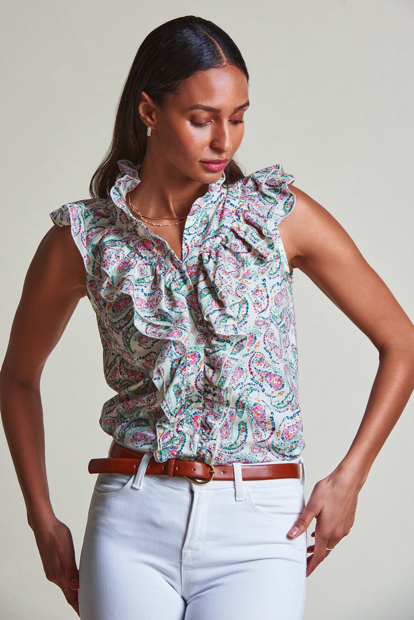 The Sleeveless Jill Ruffle Shirt sold by The Shirt by Rochelle Behrens