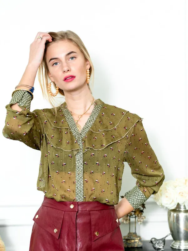 The Olive Ruffled Shirt sold by The Shirt by Rochelle Behrens