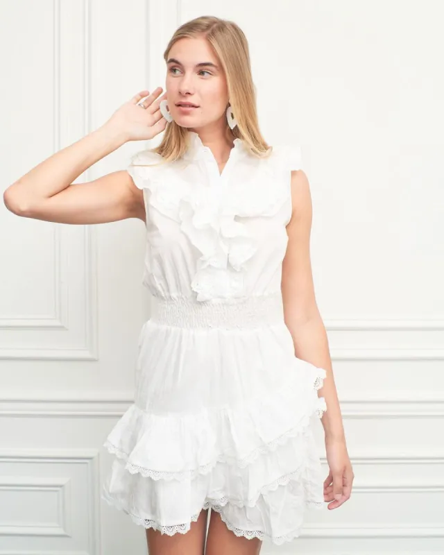 The Sleeveless Ruffled Mini Shirt Dress sold by The Shirt by Rochelle Behrens